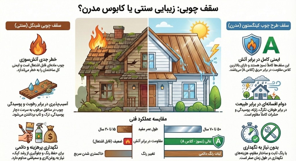 راهنمای تصویری سقف چوبی شینگل و مزایا و معایب آن