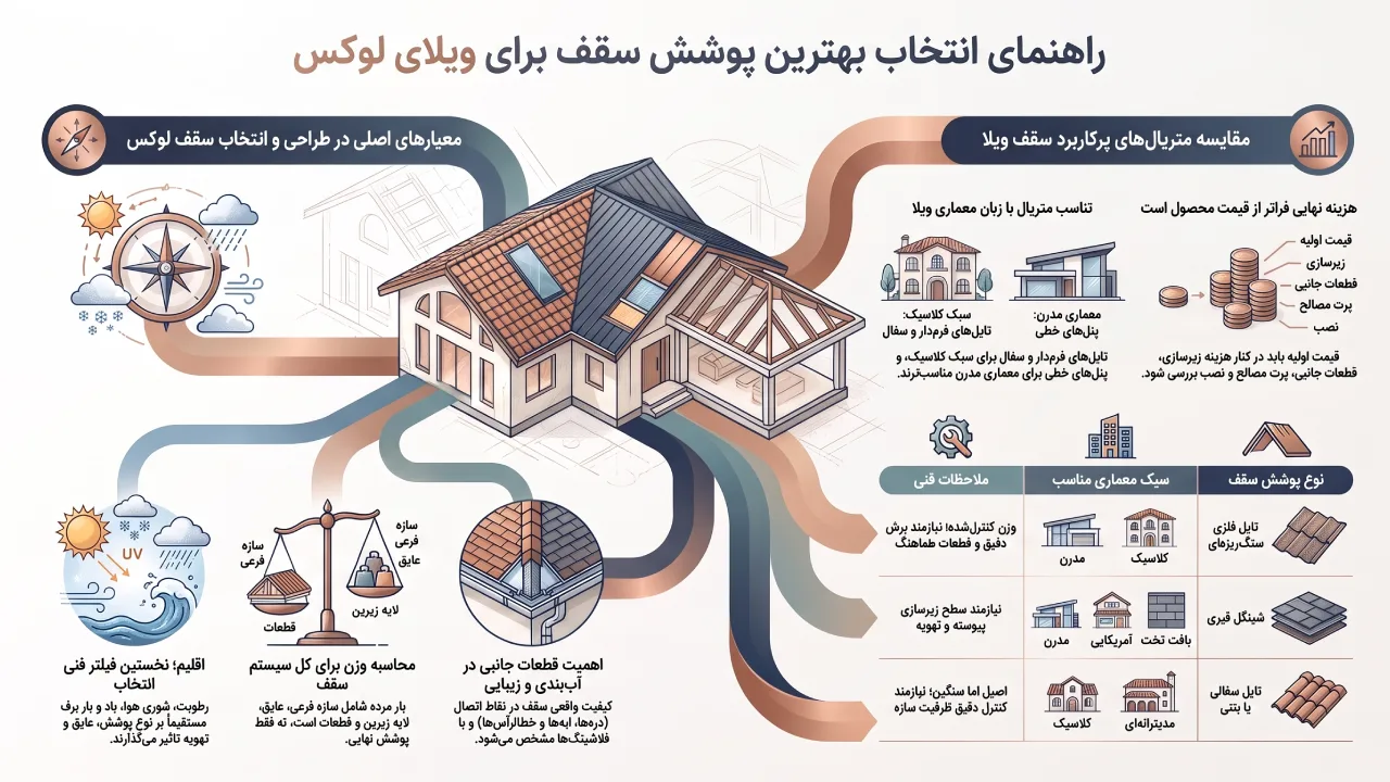 اینفوگرافیک بهترین پوشش برای سقف شیروانی ویلای لوکس